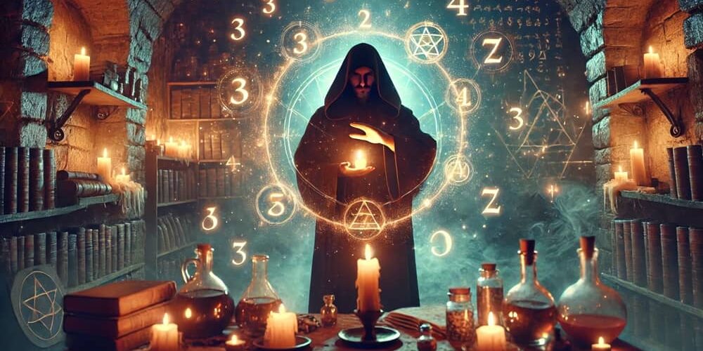 alquimista haciendo ritual con numeros ritual con números